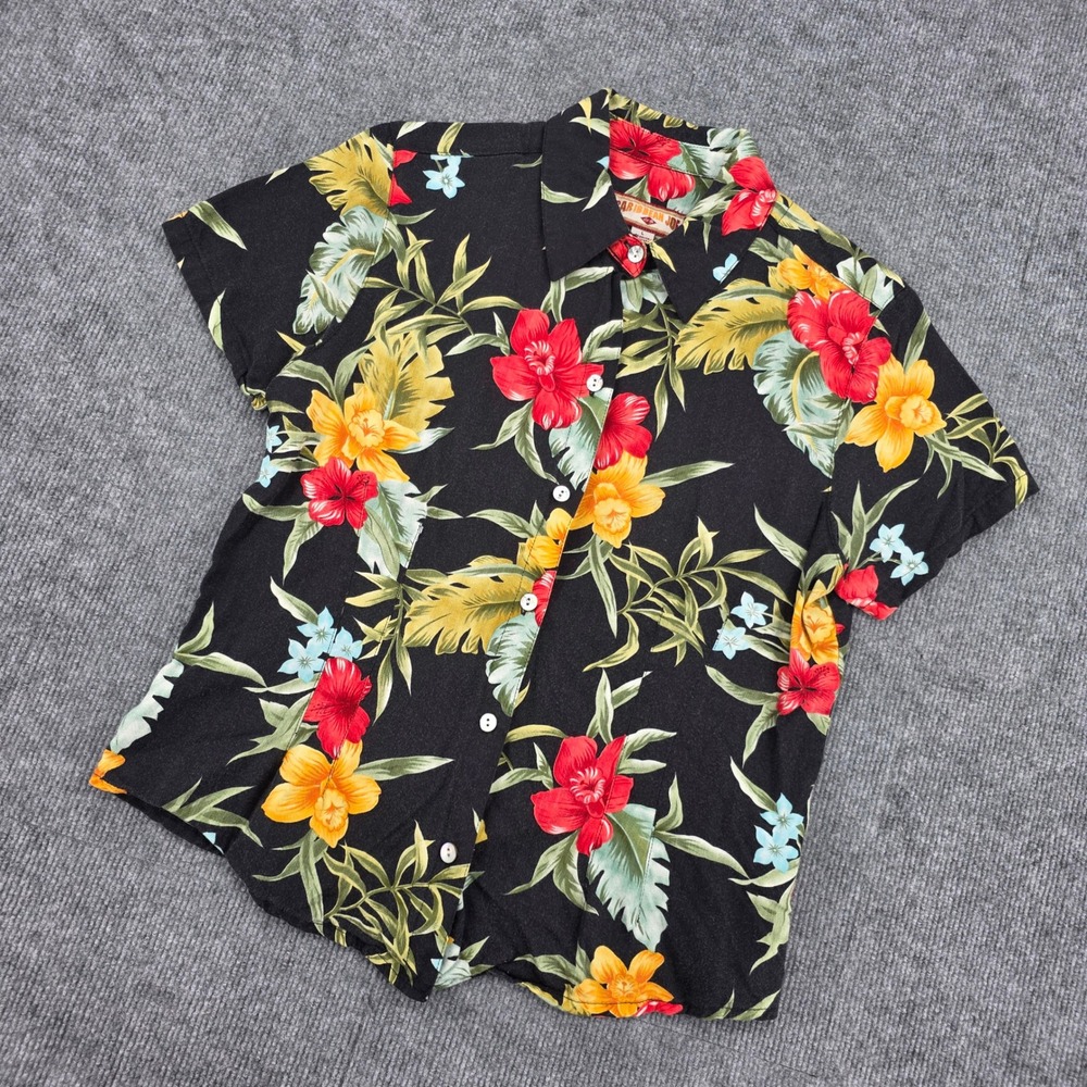 Caribbean Joe Womens Large Black Floral Tropical Rayon Short Sleeve Button Shirt